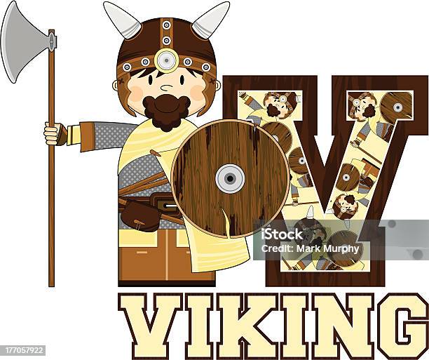 Carino Viking Guerriero Apprendimento Lettera V - Immagini vettoriali stock e altre immagini di Adulto - Adulto, Alfabeto, Armatura