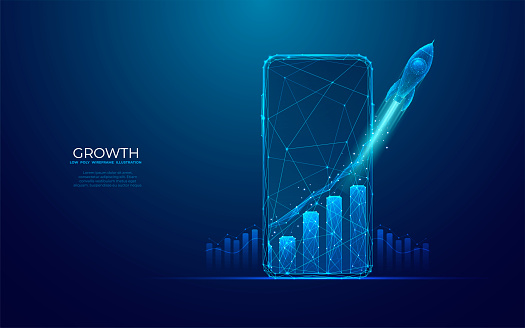 Abstract launch rocket with growth graph chart on a smartphone screen in light blue futuristic hologram style. Success business and start-up concept. Low poly wireframe vector illustration.