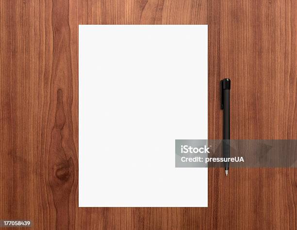 Blank Paper With Pen On Desk Stock Photo - Download Image Now - Desk, Letter - Document, Paper