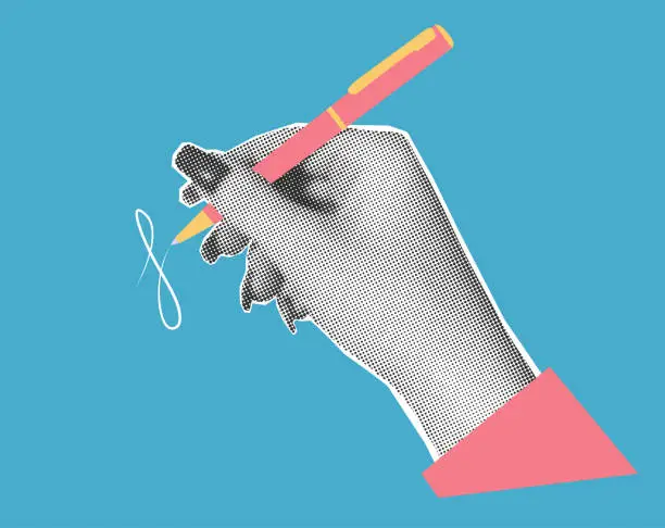 Vector illustration of A hand holds a pen and writes. Trendy halftone vector collage.