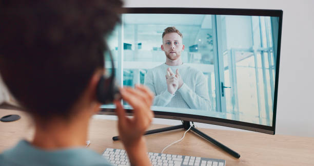 istock Computer screen, video call and business woman training for customer support, contact us and CRM education webinar. Speaker, mentor and online meeting on technology for telemarketing conference help 1770590827