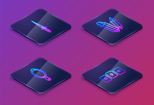 Set Isometric line Dagger, Magic hand mirror, stone and Playing cards. Blue square button. Vector.