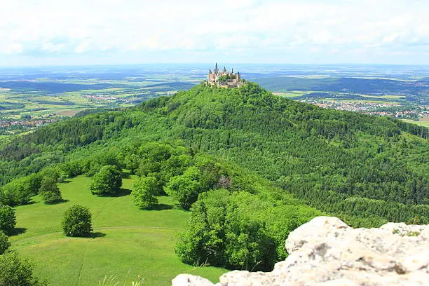 View from the top of Zeller Horn to Hohenzollern Castle in the Swabian Alb, Baden-Wuerttemberg, Germany