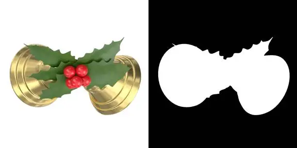 3D rendering illustration of some Christmas bells, holly, and mistletoe