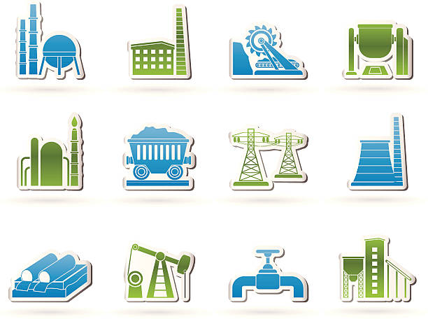 ilustraciones, imágenes clip art, dibujos animados e iconos de stock de iconos de industria pesada - mining pipeline metallurgy oil industry