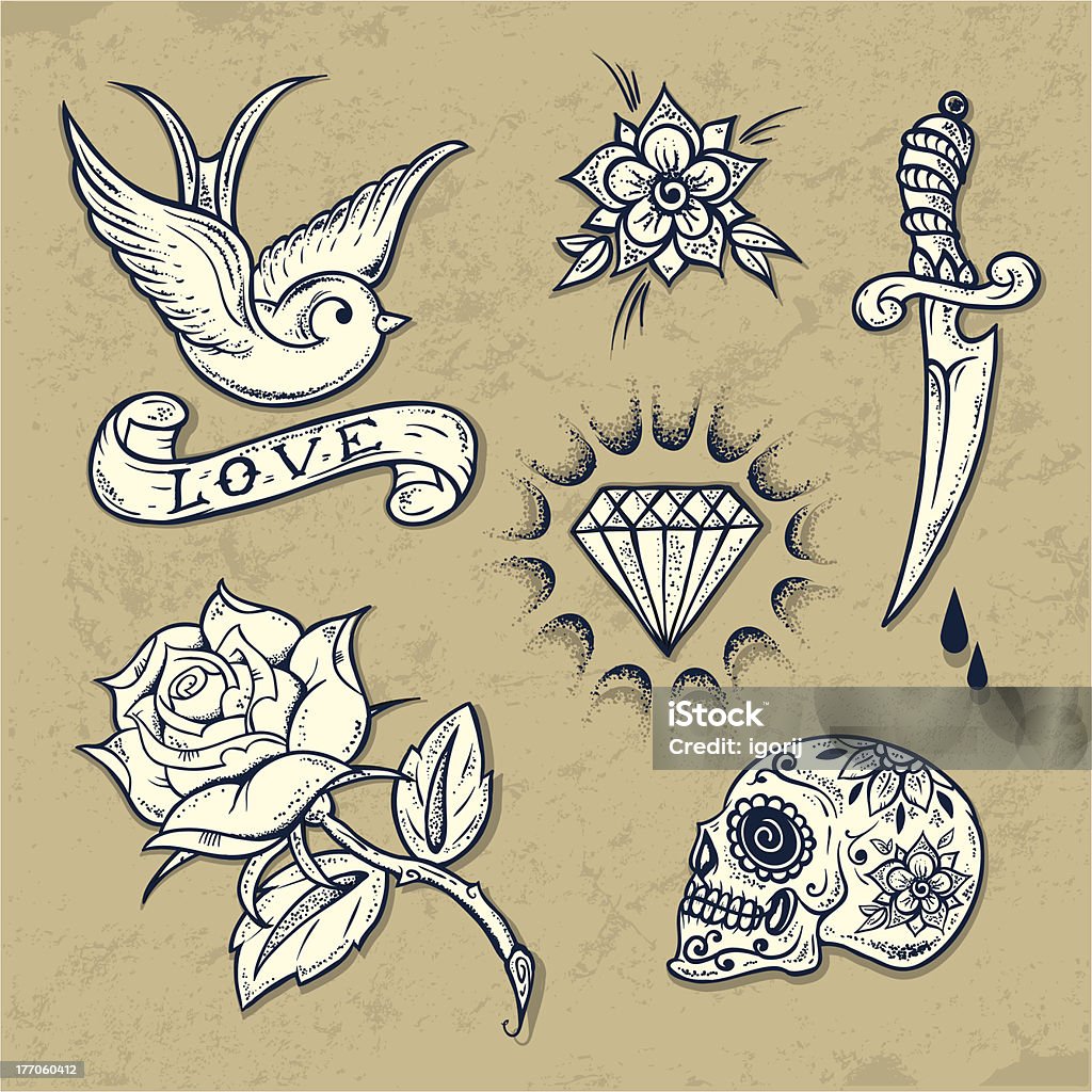 Zestaw starych elementów Tatuaż szkoły - Grafika wektorowa royalty-free (Atrament)