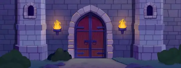Vector illustration of Night castle entrance. Entry dungeon prison abandoned temple, gothic ancient castles stone wall with burning torch fire light and wooden door, cartoon ingenious vector illustration
