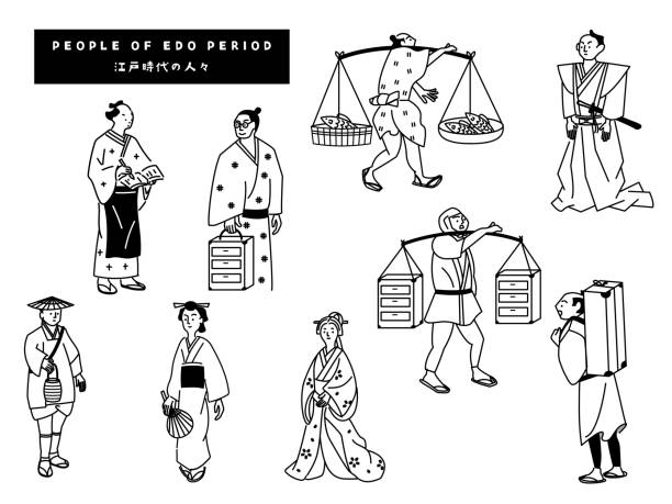 Illustration set of people in the Edo period (samurai and townspeople).There is no white paint. (transparent)