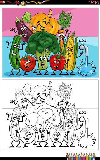 Cartoon illustrations of funny vegetable characters group coloring page