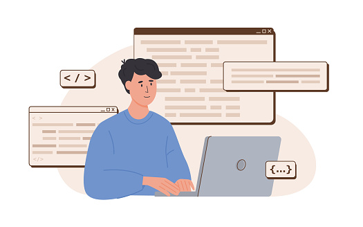 Programmer Working On Web Development In Php Python Javascript On ...