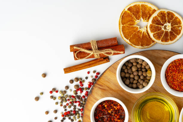 istock Bowls with spices on wooden board on white background 1770620718