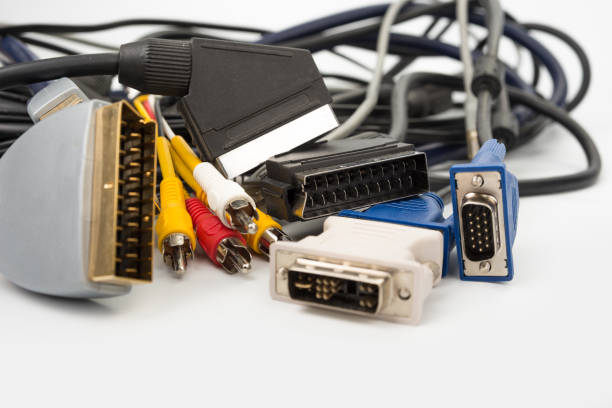 istock Scart and cinch electronic cables for TV and computer on a white 1770624081
