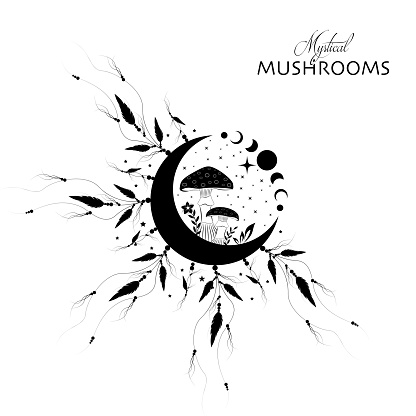 Celestial Mystical boho mushrooms, magic Amanita Muscaria with moon and stars, witchcraft symbol, witchy esoteric logo tattoo, Moon Phase, floral elements fungi, fungus. Esoteric wiccan clipart