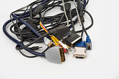 Scart and cinch electronic cables for TV and computer on a white