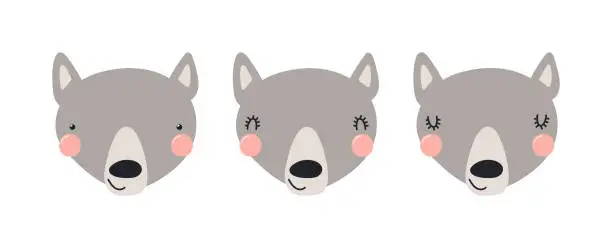 Vector illustration of Cute funny wolf faces illustrations set.