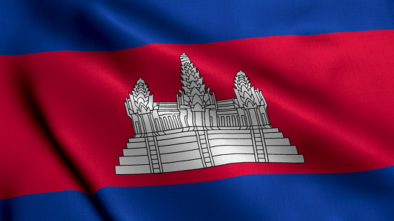 Cambodia Flag. Waving  Fabric Satin Texture of the Flag Cambodia 3D illustration. Real Texture Flag of the Kingdom of Cambodia