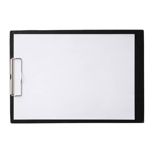 istock Black clipboard with clip at the top for papers, horizontal. Single clipboard, writing board with papers. Realistic, photography, isolated on white background. 1770644299