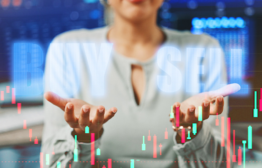 Woman, hands and hologram with stock market for trading in overlay for money, risk or investment. Person, gesture and digital for online, profit or payment with lines, chart and growth in finance