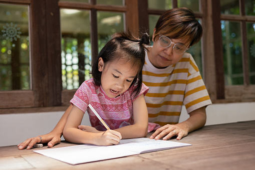 Asian mother, her adorable daughter, are seated together at an outdoor table, for close-up learning session which supervise and explains concepts for child's joyful and effective learning experience.