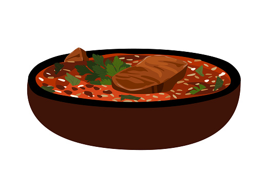 Spicy thick Kharcho with rich broth.Soup with veal,rice,tomatoes. Tasty meat meal of Georgian traditional cuisine isolated, white background.Delicious hot dish in bowl.Colorful realistic illustration.