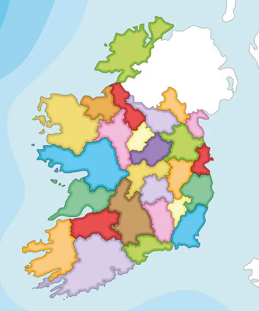 Vector illustration of Vector illustrated blank map of Ireland with counties and administrative divisions, and neighbouring countries. Editable and clearly labeled layers.