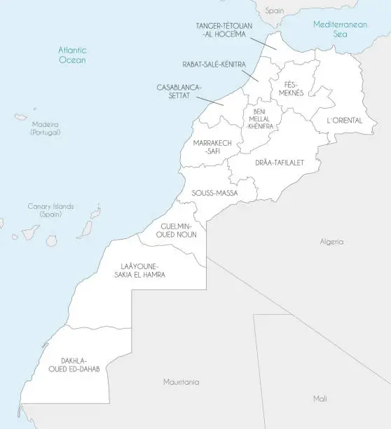Vector illustration of Vector map of Morocco with regions and administrative divisions, and neighbouring countries. Editable and clearly labeled layers.