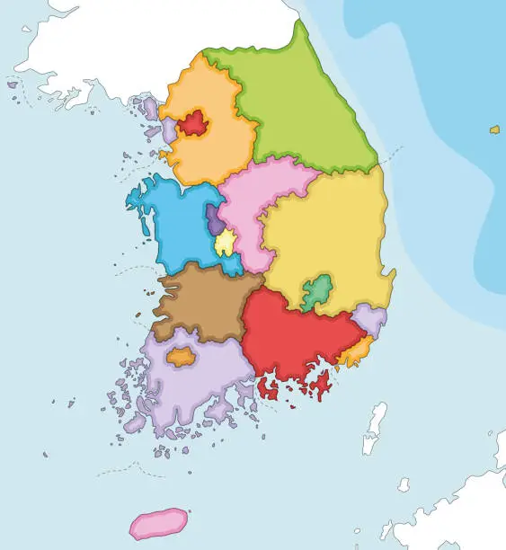 Vector illustration of Vector illustrated blank map of South Korea with provinces, metropolitan cities and administrative divisions, and neighbouring countries. Editable and clearly labeled layers.