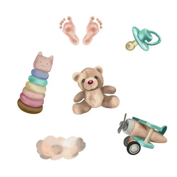 Vector illustration of Toys, teddy bear, airplane, pyramid, prints of children's feet. Vector illustration. Watercolor. Greeting cards, invitations, newborn baby shower.