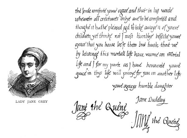 Lady Jane Grey portrait with handwritten text and signature Lady Jane Grey ( c. 1537 – 12 February 1554 ), also known as Lady Jane Dudley after her marriage and as the "Nine Days' Queen", was an English noblewoman who claimed the throne of England and Ireland from 10 to 19 July 1553.
Portrait with handwritten text and signature
Original edition from my own archives
Source : Picture Magazine Vol.1 1893 lady jane grey stock illustrations