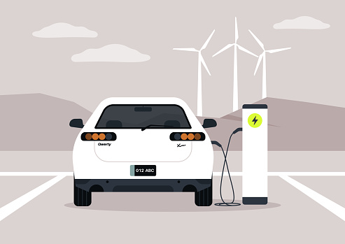 An electric car plugged into a charging station with windmills in the background, symbolizing green energy and a commitment to reducing pollution, eco-friendly and responsible behavior