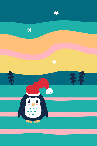 New Year penguin in a cap with Christmas trees under the sky with the polar lights. Perfect vector print for poster, card, banner. Vertical illustration.