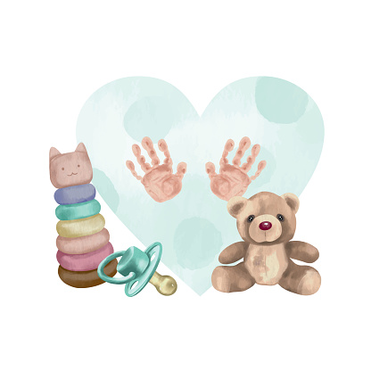 Prints of children's hands, toys - a pyramid, a teddy bear. Vector illustration in watercolor style. Design element for greeting cards, invitations, newborn baby shower, gender party, girl or boy.