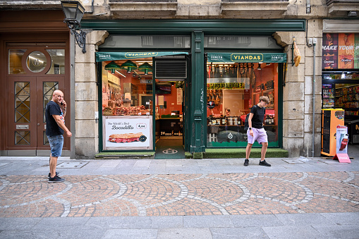 Bilbao, Spain, October 19, 2023 - Viandas De Salamannca butcher shop in calle de bidebarrieta in Bilbao, Basque Country, Spain.