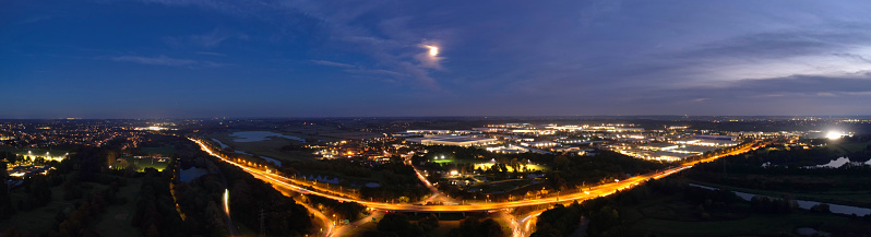 Ultra Wide Aerial Panoramic View of Illuminated Northampton City of England Great Britain UK. The Footage Was Captured with Drone's Camera at Just After Sunset over City on October 25th, 2023