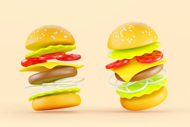 istock Burger or hamburger fly motion with slice ingredients 3d render icon set. Isolated fast food with bread, sesame, meat, cheese, tomato, salad, onion. Beef cheeseburger, cartoon design 1770669974