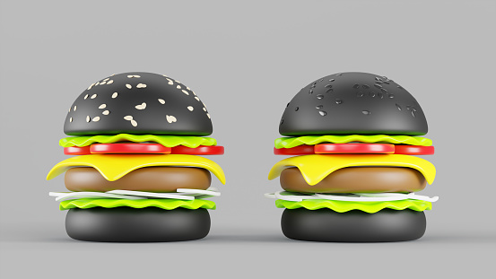 Black burger with white and black sesame 3d render icon set. Fast food, beef hamburger with bread, cheese, tomato, salad, meat, onion. Cartoon cheeseburger isolated on gray background. 3D illustration