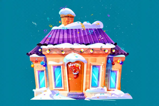 Vector illustration of Merry Christmas! Winter country house decorated with Christmas toys and garland in snowdrifts on an isolated background with snowfall. Creative vector illustration in cartoon style.