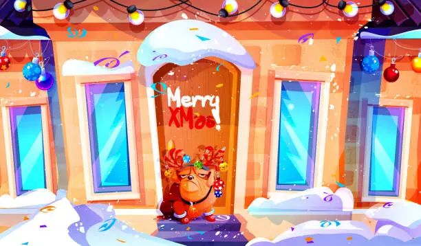 Vector illustration of Merry Christmas! Winter country house and bulldog on the porch, decorated with Christmas tree decorations and garlands in the snowdrifts. Creative vector illustration in cartoon style. Close-up.