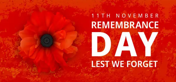 Vector illustration of Remembrance Day Poster. Poppy Day. Poppy flower - Remembrance Day symbol. 11th November Remembrance Day Lest We Forget text. Realistic Poppy Flower on the red grunge background. 3d Vector graphics