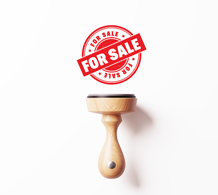 Round for sale stamp on white background. Horizontal composition.