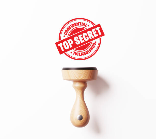 Round top secret stamp on white background. Horizontal composition.