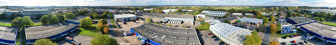 Ultra Wide Angle Aerial Panoramic View of Industrial Estate at Northampton City of England Great Britain UK. The Footage Was Captured with Drone's Camera on October 25th, 2023