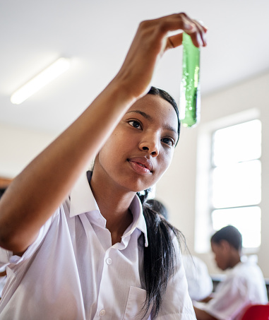 Schoolgirl looking at a test tube while conducting a chemistry experiment in science class
