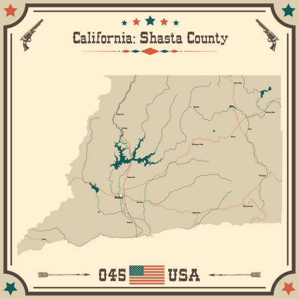 빈티지 색상의 미국 캘리포니아 주 샤스타 카운티의 크고 정확한지도. - california map counties county stock illustrations