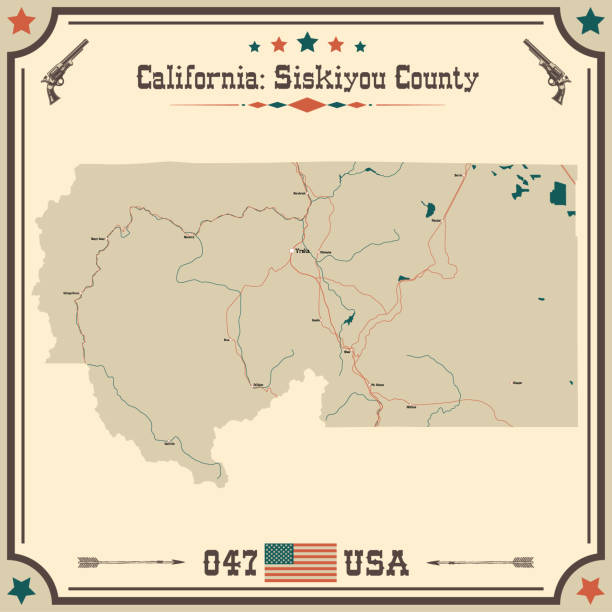 große und genaue karte von siskiyou county, kalifornien, usa mit vintage-farben. - california map counties county stock-grafiken, -clipart, -cartoons und -symbole