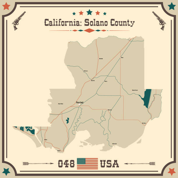 große und genaue karte von solano county, kalifornien, usa mit vintage-farben. - california map counties county stock-grafiken, -clipart, -cartoons und -symbole