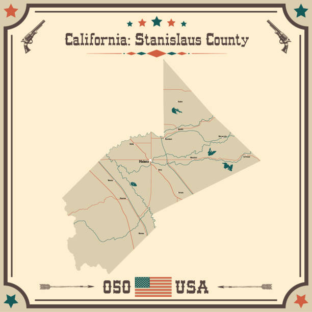 große und genaue karte von stanislaus county, kalifornien, usa mit vintage-farben. - california map counties county stock-grafiken, -clipart, -cartoons und -symbole