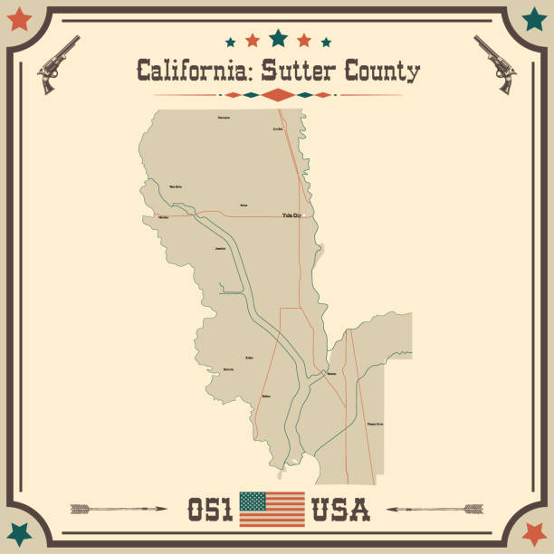 große und genaue karte von sutter county, kalifornien, usa mit vintage-farben. - california map counties county stock-grafiken, -clipart, -cartoons und -symbole