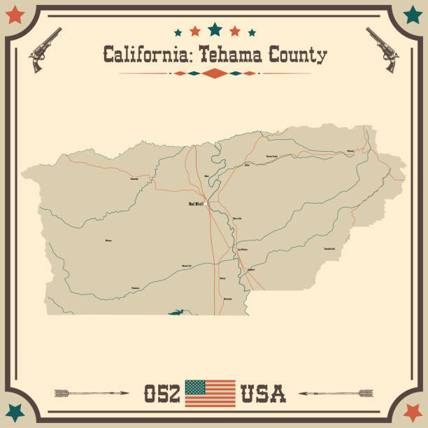 große und genaue karte von tehama county, kalifornien, usa mit vintage-farben. - california map counties county stock-grafiken, -clipart, -cartoons und -symbole