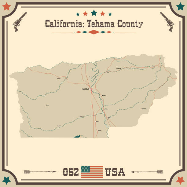 빈티지 색상의 미국 캘리포니아주 테하마 카운티의 크고 정확한 지도. - california map counties county stock illustrations